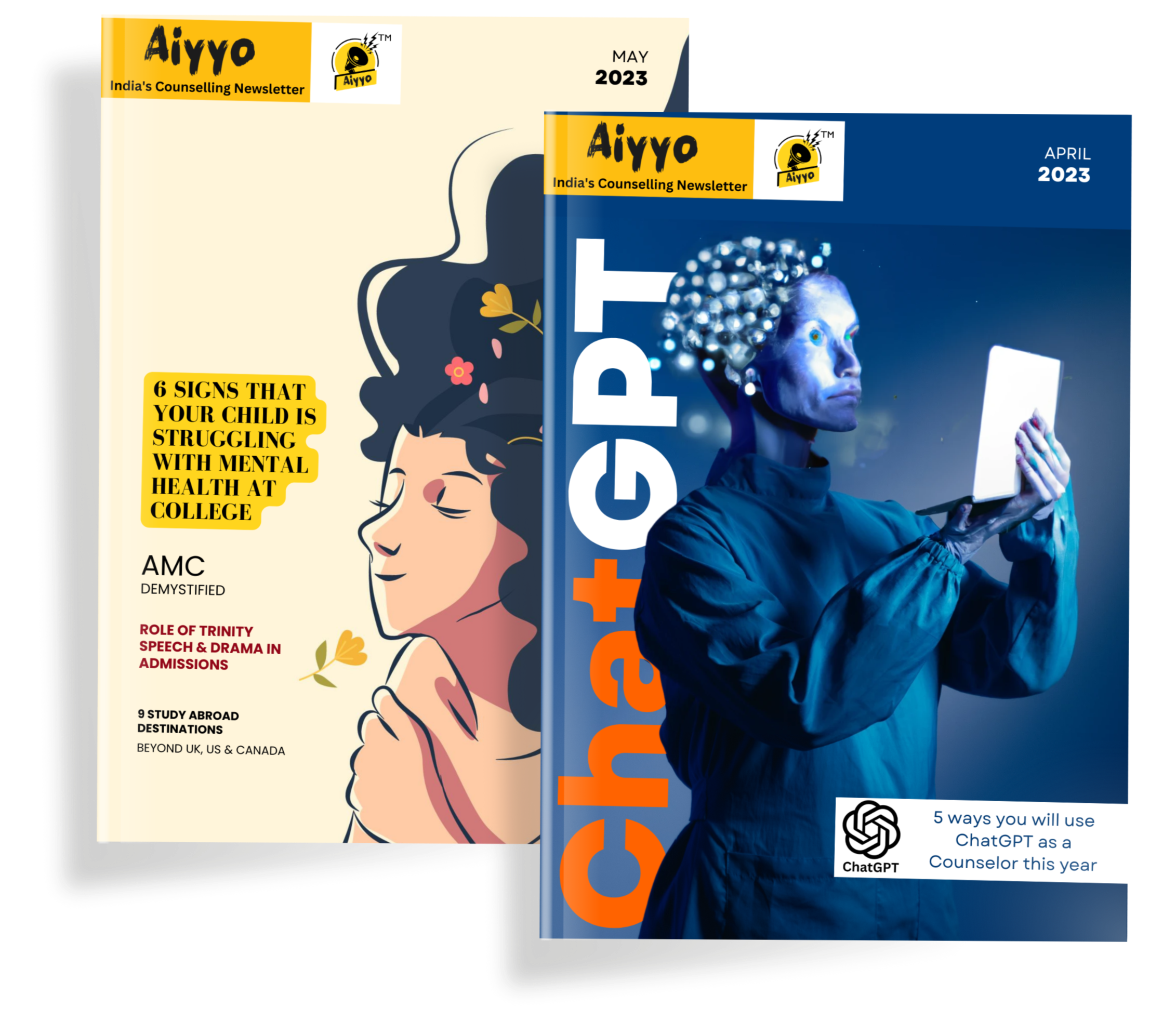 Stack of Aiyyo newsletter covers